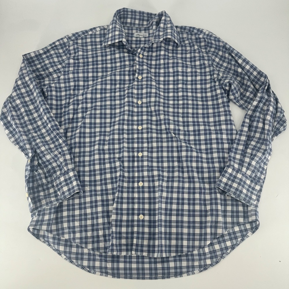 Peter Millar Mens XL Blue White Plaid Long Sleeve Button Down Shirt Business